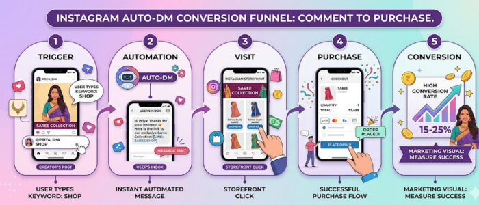 इंस्टाग्राम Auto-DM क्रिएटर्स के लिए comment to DM conversion funnel illustration