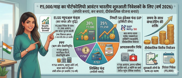 शुरुआत के लिए बेस्ट निवेश 2026 इंडिया के लिए ₹5000 मासिक निवेश पोर्टफोलियो का उदाहरण जिसमें SIP, ELSS, PPF और इमरजेंसी फंड शामिल हैं।