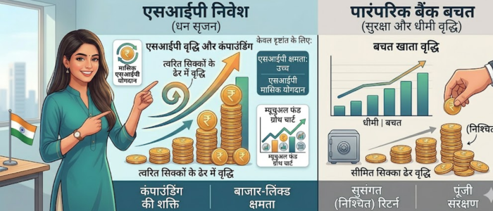 शुरुआत के लिए बेस्ट निवेश 2026 इंडिया में SIP निवेश के फायदे, कंपाउंडिंग और लंबी अवधि की वेल्थ क्रिएशन को दर्शाता चित्र।
