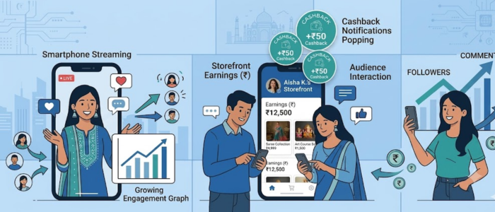 Creator Commerce vs Affiliate Marketing में छोटे creators के लिए income growth और engagement दिखाता हुआ infographic जिसमें passive earning और storefront system समझाया गया है
