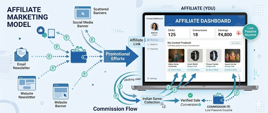Creator Commerce vs Affiliate Marketing में Affiliate Marketing का link-based earning model दिखाता हुआ infographic जिसमें clicks और commission system समझाया गया है