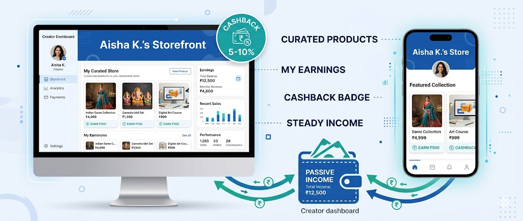 Creator Commerce vs Affiliate Marketing में Creator Commerce का storefront system दिखाता हुआ infographic जिसमें passive income और cashback मॉडल समझाया गया है