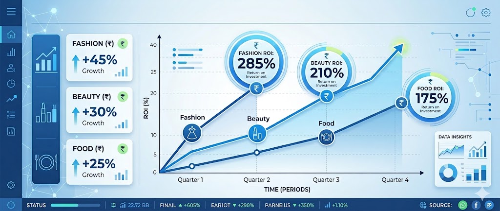 WhatsApp Marketing for Brands in India ROI chart showing industry-wise revenue impact and conversion performance across sectors in India