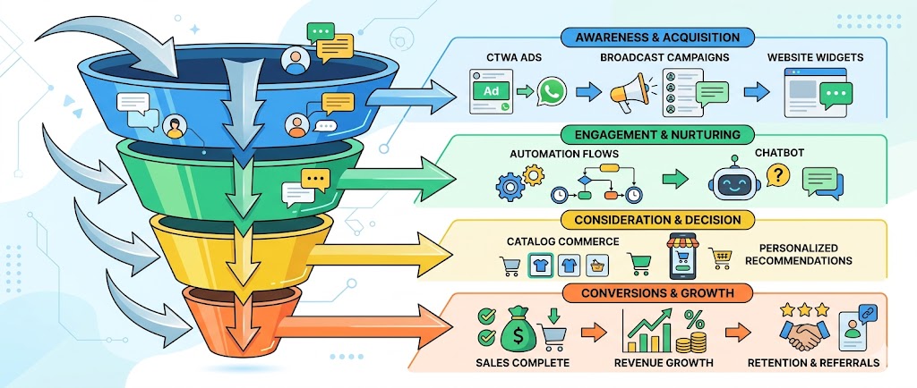 WhatsApp Marketing for Brands in India strategies including broadcast campaigns, automation flows, CTWA ads, and chatbot funnels