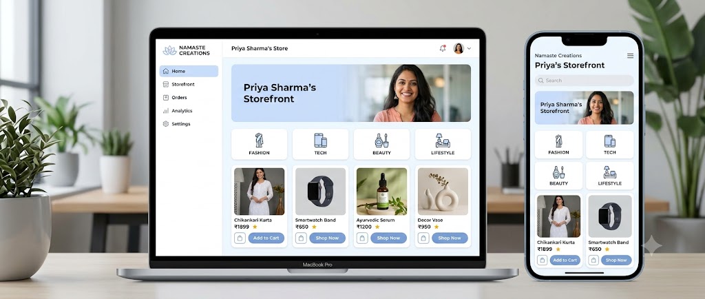 Digital storefront interface showing how digital storefronts work for creators in India with curated product collections