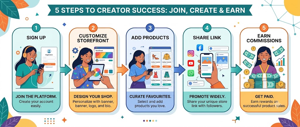 Step by step workflow showing how digital storefronts work for creators in India from signup to earning commissions