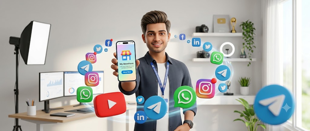 Content creator sharing storefront link across Instagram YouTube WhatsApp showing how digital storefronts work for creators in India