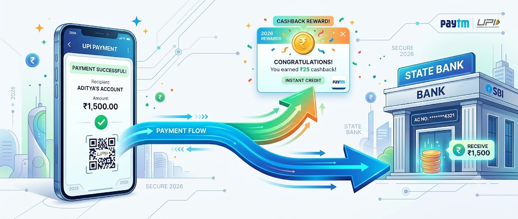 UPI Cashback Offers explained through a UPI payment and cashback flow in 2026