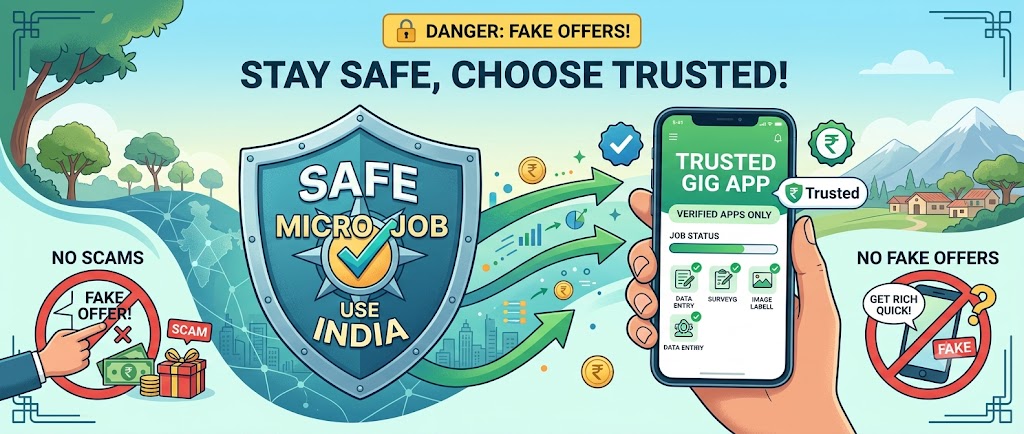 Safety tips for using the best micro jobs apps to earn extra income in India, including scam warning signs and verification steps