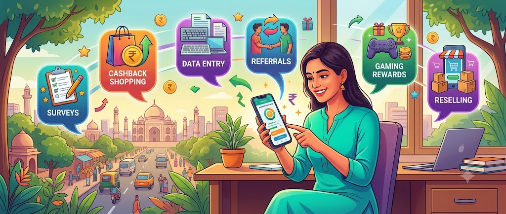 Illustration of common task categories in the best micro jobs apps to earn extra income in India, including surveys, cashback, data entry, and referrals