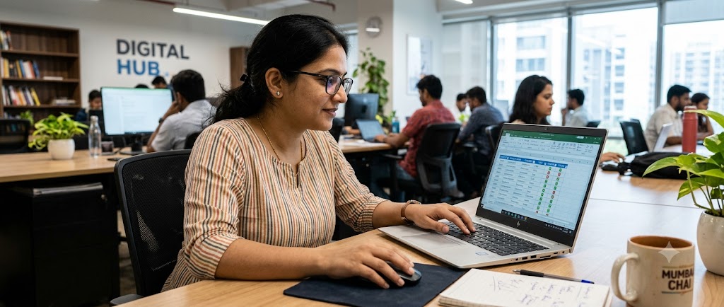 इंडिया में एक्स्ट्रा इनकम के लिए बेस्ट माइक्रो जॉब्स ऐप्स के तहत डेटा एंट्री कार्य करता भारतीय प्रोफेशनल