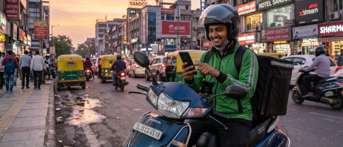 इंडिया में एक्स्ट्रा इनकम के लिए बेस्ट माइक्रो जॉब्स ऐप्स के माध्यम से डिलीवरी गिग करता भारतीय डिलीवरी पार्टनर