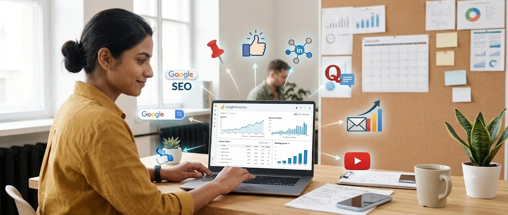 How to Start a Blog and Earn Money in India by driving free traffic through SEO, social media, email marketing, and YouTube