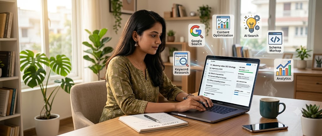 ब्लॉग कैसे शुरू करें और पैसे कमाएं के लिए SEO optimized content लिखता हुआ भारतीय ब्लॉगर।