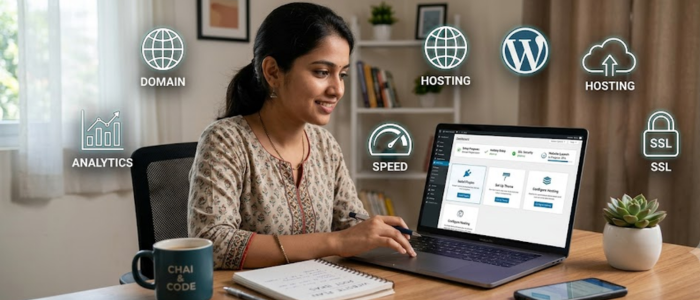 ब्लॉग कैसे शुरू करें और पैसे कमाएं के लिए domain, hosting और WordPress setup करते हुए ब्लॉगर।
