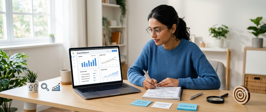 ब्लॉग कैसे शुरू करें और पैसे कमाएं के लिए सही niche चुनते हुए keyword research करता हुआ भारतीय ब्लॉगर।