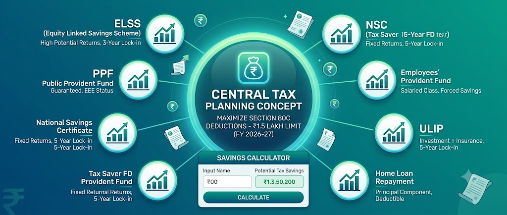 Section 80C tax saving investments in India 2026 including ELSS PPF and NPS