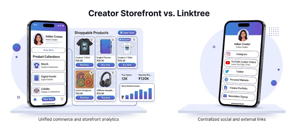 Creator storefront vs Linktree comparison for best storefront tools for creators India