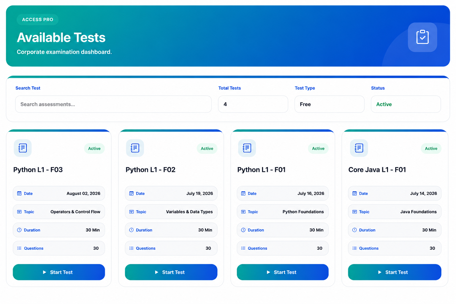 Available tests in AccessPro