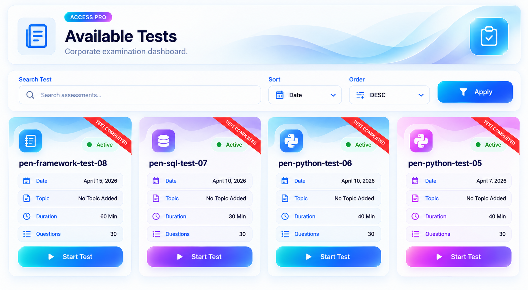 Completed assessments in AccessPro
