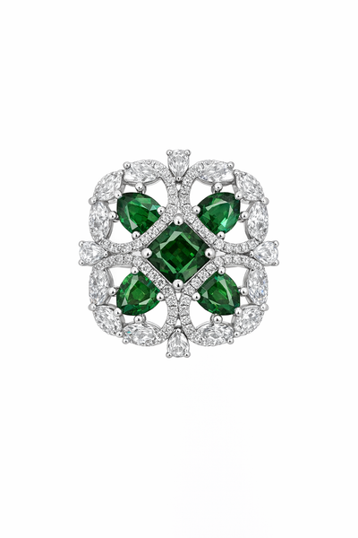 Elegant Silver AD Ring with Green and Diamond Accents - AD Rings | Savyra