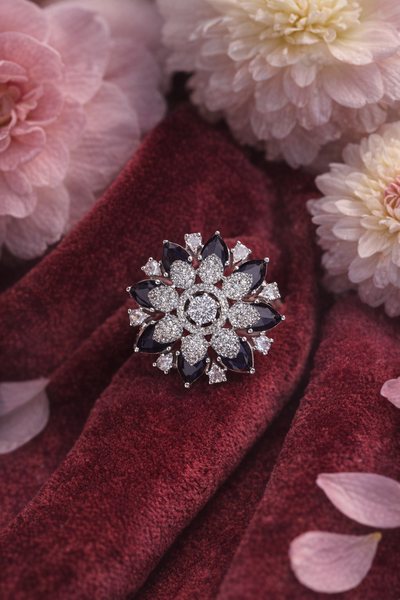 Elegant Diamond Studded Floral AD Ring with Black Accents - AD Rings | Savyra