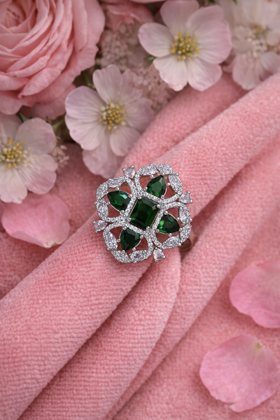 Elegant Silver AD Ring with Green and Diamond Accents - AD Rings | Savyra
