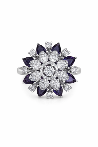 Elegant Diamond Studded Floral AD Ring with Black Accents - AD Rings | Savyra