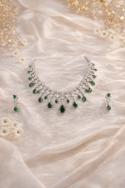 Elegant Green and Silver AD Necklace Set with Earrings - AD Necklaces | Savyra