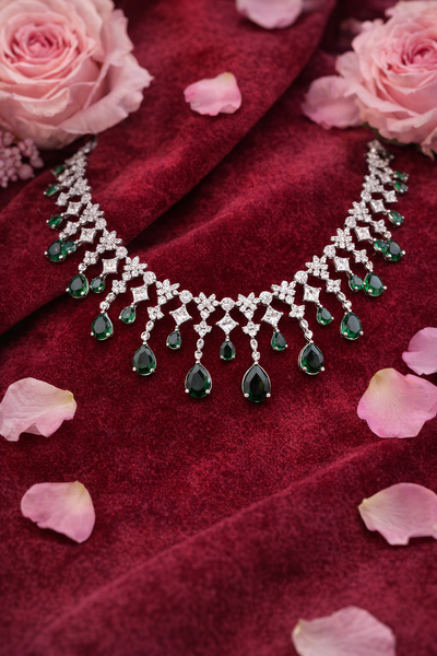 Elegant Green and Silver AD Necklace Set with Earrings - AD Necklaces | Savyra