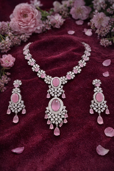 Elegant Pink Stone AD Necklace Set with Intricate Design - AD Necklaces | Savyra