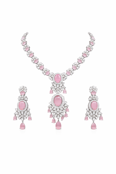Elegant Pink Stone AD Necklace Set with Intricate Design - AD Necklaces | Savyra