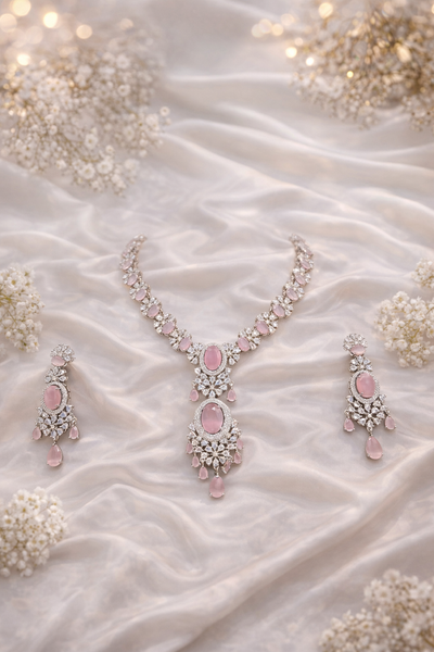 Elegant Pink Stone AD Necklace Set with Intricate Design - AD Necklaces | Savyra