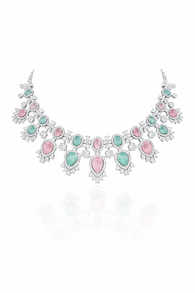 Exquisite AD Necklace with Pink and Green Gemstones - AD Necklaces | Savyra