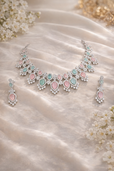 Exquisite AD Necklace with Pink and Green Gemstones - AD Necklaces | Savyra