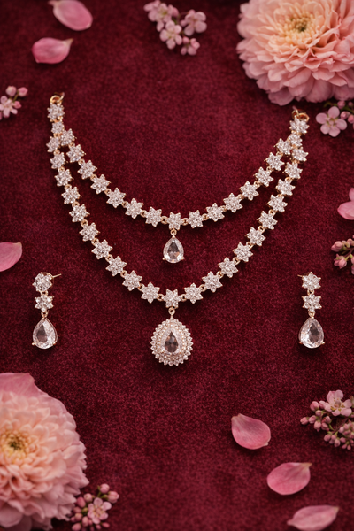 Elegant Double Stranded AD Necklace with Teardrop Pendants - AD Necklaces | Savyra