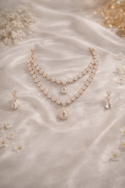 Elegant Double Stranded AD Necklace with Teardrop Pendants - AD Necklaces | Savyra