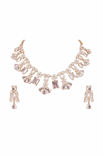 Elegant AD Necklace Set with Clear Gemstones and Floral Motifs - AD Necklaces | Savyra