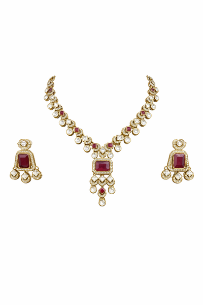Elegant Kundan and Polki Necklace Set with Ruby Stones - Kundan and Polki | Savyra