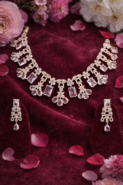 Elegant AD Necklace Set with Clear Gemstones and Floral Motifs - AD Necklaces | Savyra