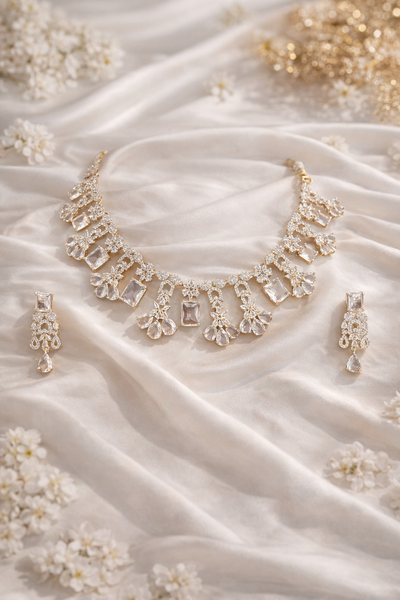 Elegant AD Necklace Set with Clear Gemstones and Floral Motifs - AD Necklaces | Savyra