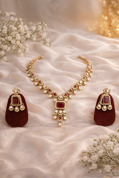 Elegant Kundan and Polki Necklace Set with Ruby Stones - Kundan and Polki | Savyra