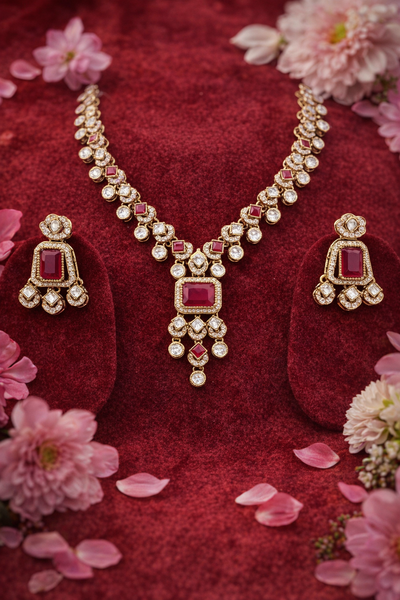 Elegant Kundan and Polki Necklace Set with Ruby Stones - Kundan and Polki | Savyra