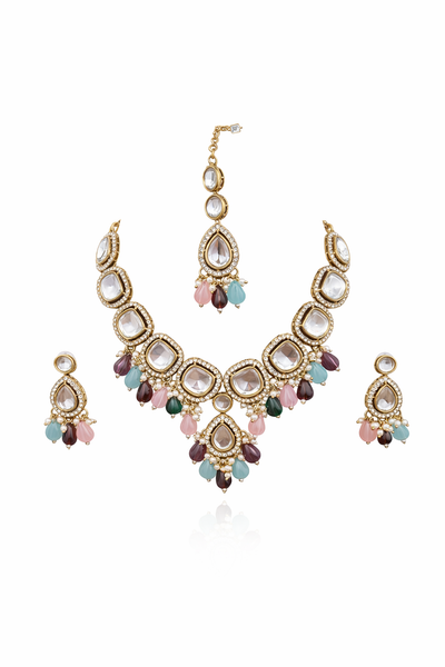Elegant Multicolor Polki Necklace Set with Kundan Work - Kundan and Polki | Savyra