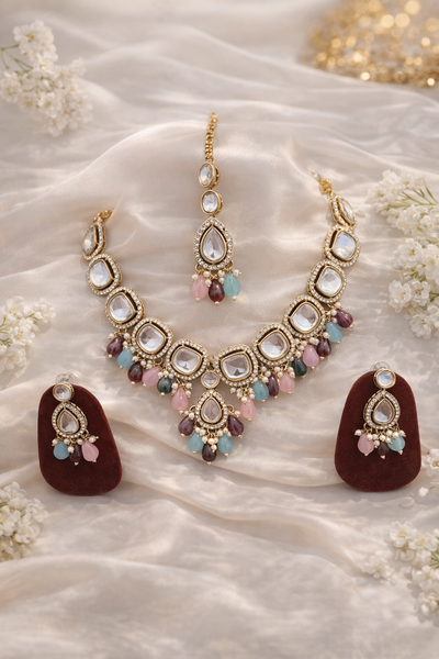 Elegant Multicolor Polki Necklace Set with Kundan Work - Kundan and Polki | Savyra