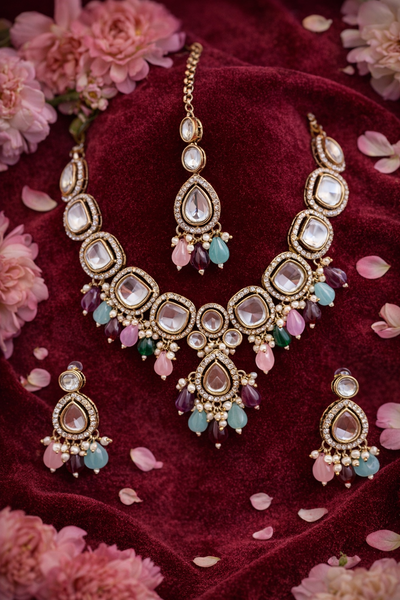 Elegant Multicolor Polki Necklace Set with Kundan Work - Kundan and Polki | Savyra