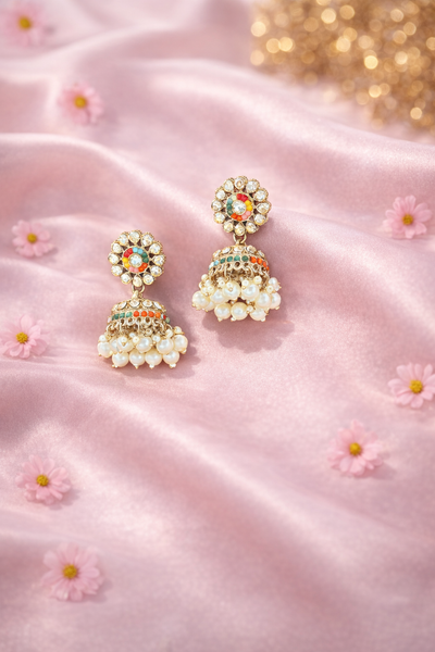 Pearl and Gemstone Embellished Jhumka Earrings - Jhumkas | Savyra