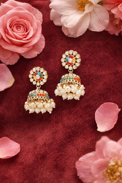 Pearl and Gemstone Embellished Jhumka Earrings - Jhumkas | Savyra