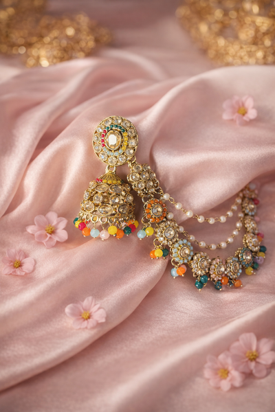 Bahubali Multicolor Kundan Jhumka Earrings with Pearl Chains - Bahubali Earrings | Savyra