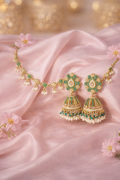 Elegant Bahubali Earrings with Green and Gold Detailing - Bahubali Earrings | Savyra